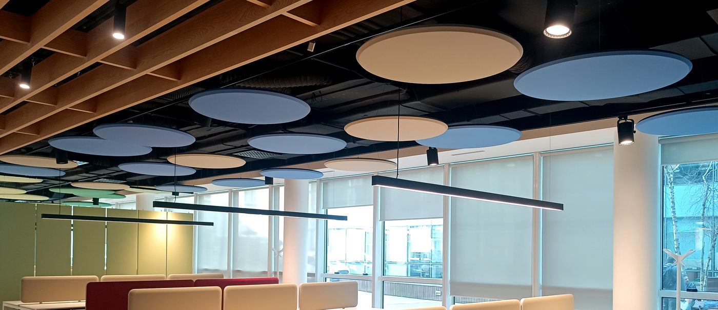 Aural-circular-ceiling-sound-absorbing-panels