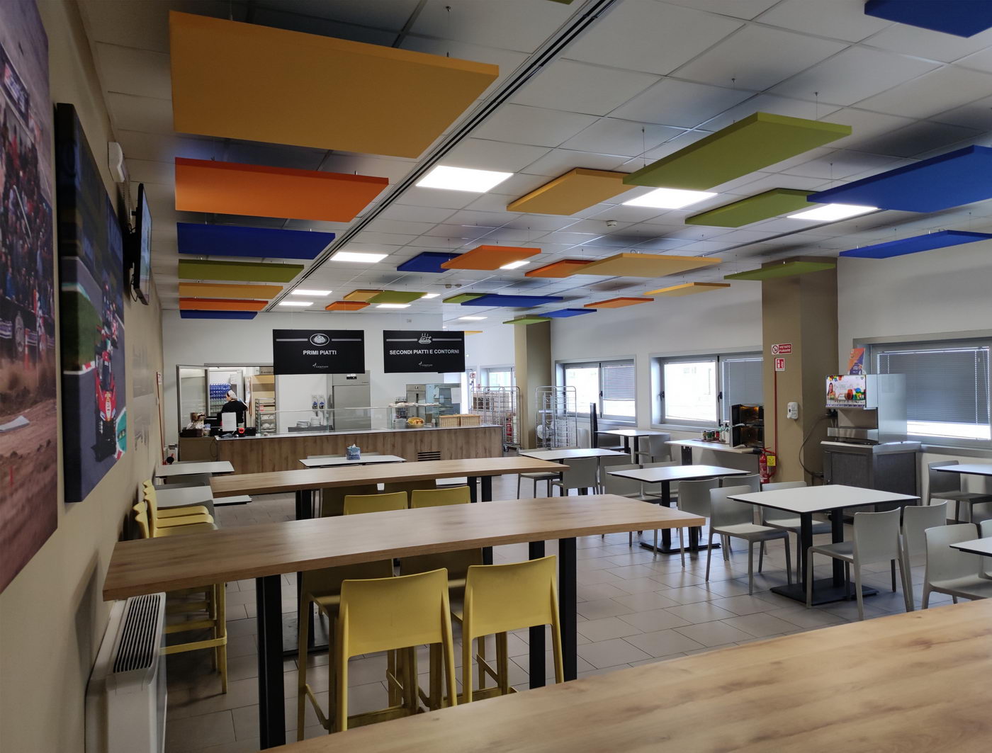 Decorative-panels-colored-square-rectangular-sound-absorbing-Class-A-installation-ceiling-company-canteen-Turin-acoustic-assessments