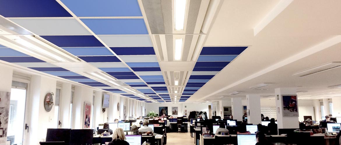 Controsoffitto fonoassorbente pannelli colorati tessuto